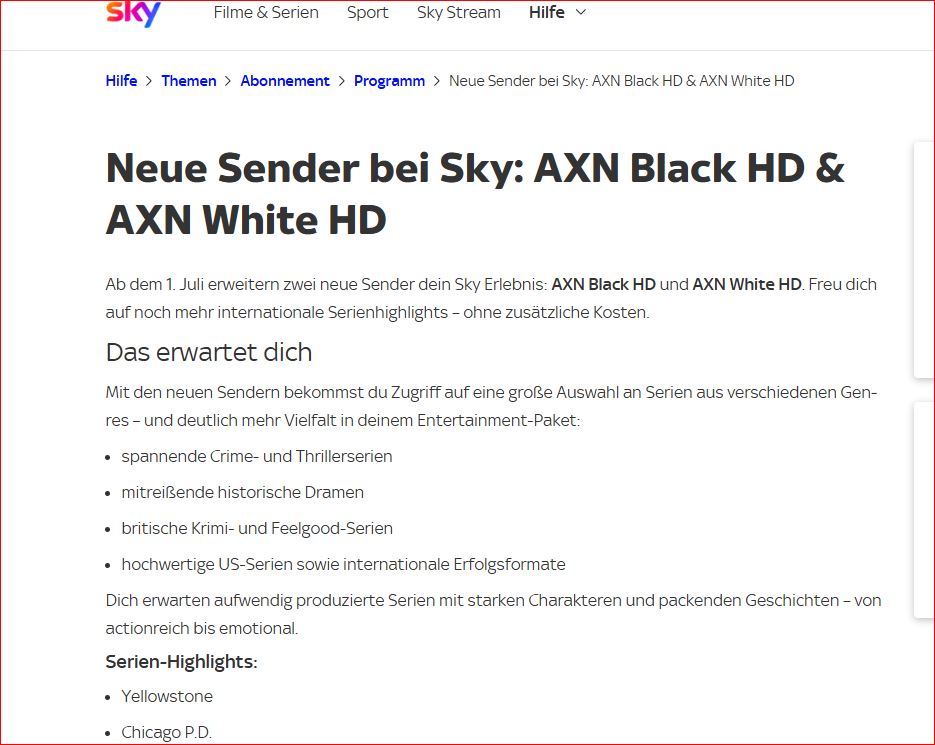 Sky Aufschaltung - AXN Black & AXN White Sky Aufschaltung - AXN Black & AXN White